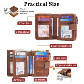 GOIACII Small Wallet Women RFID Blocking Trifold Clutch Ladies Credit Card Holder Zipper Pocket Wallets for Women Brown
