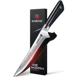 KIMROSE Damascus Boning Knife - 6 inch - 67 Layers 10Cr15CoMoV Alloy Steel - Black G10 Handle, Razor Sharp Kitchen Fillet Knife, Meat Cutting, Trimming, Magnetic Sheath, Gift Box
