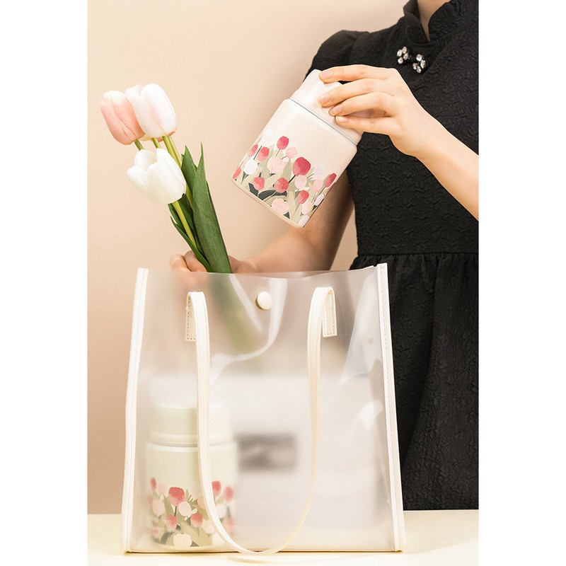 Insulated Food Jar Flower Pattern 450ML Capacity Stainless Steel Portable