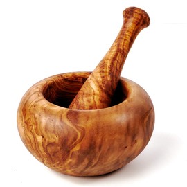 Olive Wood Mortar and Pestle Round Edge Approx. 12 cm Diameter