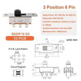 TUNOTYUE SS23F19G5 Mini Panel Slide Switch, 2P3T 6 Pin 3 Position Toggle Switch, Micro Vertical Slide Switch, for Electronic Toy Lighting Fixtures, AC 125V 6A, AC 250V 3A Pack of 10