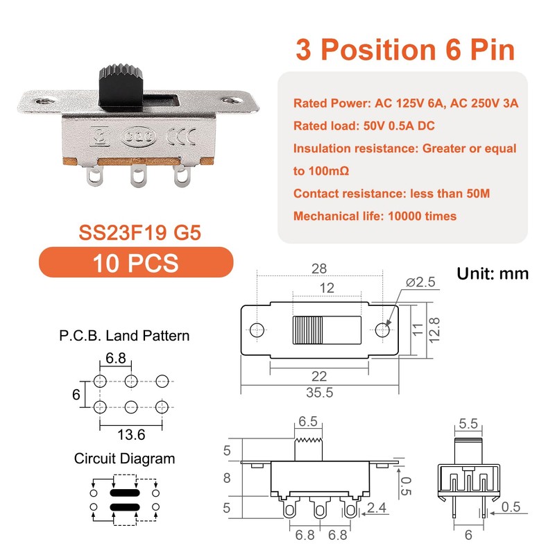 TUNOTYUE SS23F19G5 Mini Panel Slide Switch, 2P3T 6 Pin 3