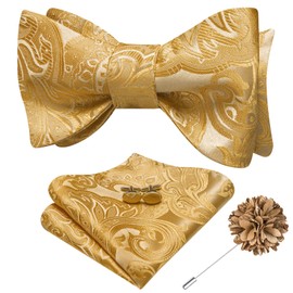 Dubulle Mens Paisley Flroal Bow Ties and Lapel Pin Set Self Tie Bowties for Men Pocket Square Cufflinks Wedding Suit,Gold