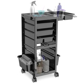 Salon Trolley Salon Cart on Wheels Rolling Salon Tray Large Storage Salon Trolley W/Hair Dryer Holder, 4 Remove Drawers, 2 Buckets for Salon Spa Store