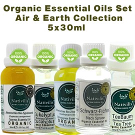 Nativilis Organic Essential Oils Set – Air & Earth Collection – 5x30ml: Eucalyptus, Lemongrass, Tea Tree, Cypress & Black Spruce for Breathing, Fresh Air and Aromatherapy Support