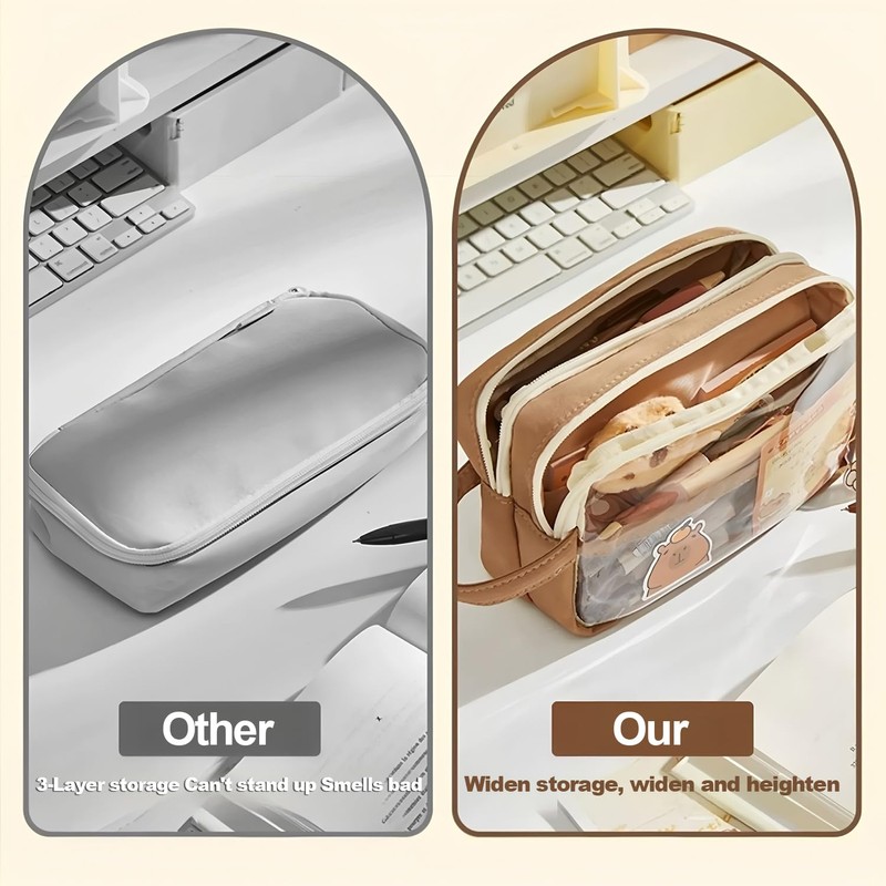 Pencil Case with Zipper,Cartoon Capybara 5 Layers Compartment Clear Pencil