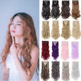 Clip in Hair Extensions Curly Wavy 8Pcs Hairpiece 100% Synthetic Hair Pieces 17inch for Full Head [140g; Ash Blond]