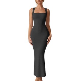 QINSEN Long Maxi Dress for Women Square Neck Lace Hem Slip Bodycon Full Length Summer Bodycon Dress Drak Grey L