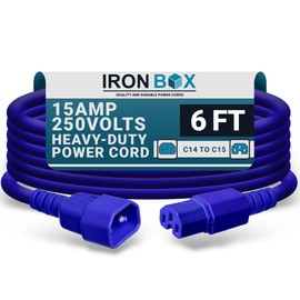 IronBox Electric C14 to C15 Power Cord - 15A/250V, 14/3 AWG SJT - Heavy Duty Cord - UL Listed IEC Power Cable Extension - Jumper Cables for Computer, Server, Desktop, Speaker & More (6ft, Blue)