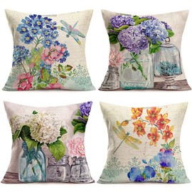 Qinqingo 4 Pack Vintage Romantic Flower Throw Pillow Covers French Style Hydrangea Flowers with Dragonfly Print Decorative Pillow Case Cotton Linen Rustic Farmhouse Pillow Case 20x20 Inch