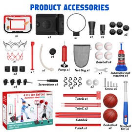 4 in 1 Kids Basketball Hoop and T-Ball Set - Adjustable Hanging T-Ball Stand with Automatic Pitching Machine, Indoor Outdoor Sports Toys, Christmas Birthday Gifts for Boys Girls Ages 3-8