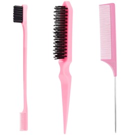 Slick Back Hair Brush Set, Pink Hair Edge Brush, Rat Tail Combs for Women, Teasing Brush Set Hair for Baby Hair Smoothing Brush