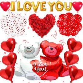 Daover 1062Pcs Valentine's Day Balloons Decoration Set, 1000 Red Rose Leaves, Love Heart Balloons, Love Bear Balloons, I Love You Balloons, Red Heart Balloons, Romantic Decor for Wedding Anniversary