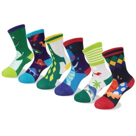 Queenshin Boys Novelty Socks 3-5 Years Old Crew Dinosaur Print Patterns Fun Crazy Funny Cute Cartoon Kids Sock Cotton Unique Birthday Christmas Gift 6 Pairs