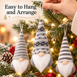 Christmas Gnome Hanging Ornaments - 3-Piece Gray Set with Patterned Hats and White Beards for Tree Decor
