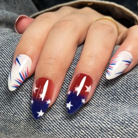 Press On Nails Almond, SHOWMORE Red Blue White Winter Fake Nails Medium Holiday Glue On Nails False Nails with Design Stick On Nails in 12 Sizes 24 Nail Kit with Glue for Christmas New Year Gift, Glac