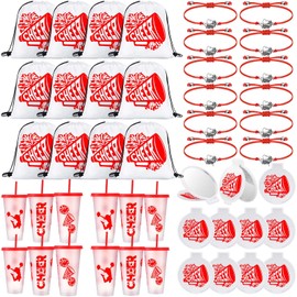 Zhehao 48 Pcs Cheer Gift Bulk for Team Cheerleading Gift Include 12 Plastic Cups with Lid and Straw, Drawstring Bags, Bracelets, Compact Mirrors for Women Party Supplies Banquet(Red)