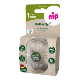 nip - Butterfly | 0-6 Months | Pack of 2 | Breastfeeding Friendly, Tooth-Friendly Baby Dummy Including Dummy Box. Sustainable Dummy with Soft Silicone Teat, Brown/Beige
