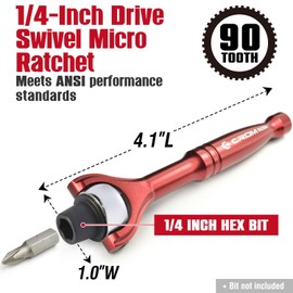 CROM 1/4-inch Drive Mini Ratchet - 90-Tooth Hex Bit Driver Ratchet Wrench Reversible Micro Ratchet with 4 Degree Arc -Lightweight & Compact To Fit Tight Spaces (90T Swivel 1/4-Inch Bit Driver)