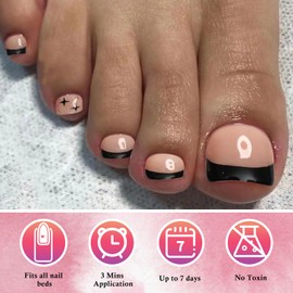 AddFavor 120pcs Nude Press on Toenails, French Black Press ons Toe Nails Short Square Full Cover Glossy Acrylic False Toes Nail Tips for Women Girls Foot Manicure