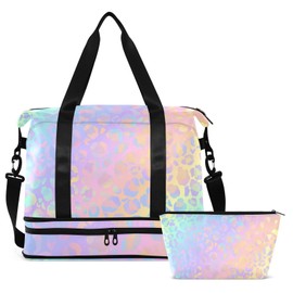 Weekender Bag for Women, Rainbow Leopard Print Neon Gym Bag Sports Duffle Bag Travel Tote Bag with Toiletry Bag Shoes Compartment Dry/Wet Separation Swim Bag