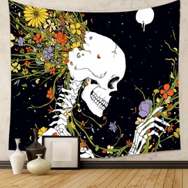 Gothic Skull Tapestry – 200x150CM Witchy Skeleton Wall Hanging with Floral & Starry Night Backdrop – Trippy Psychedelic Boho Decor for Bedroom, Meditation, Living Room – SteadyINK®