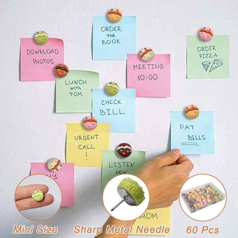 60Pcs Cute Mini Bread Push Pins Fun Food Thumb Tacks