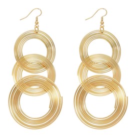 KaFu Handmade statement 3 circles earrings 16K Gold Plated Long 70s Disco Drop Dangle Earrings Hook Earrings for Women Gold Plated Long Lightweight (Gold)
