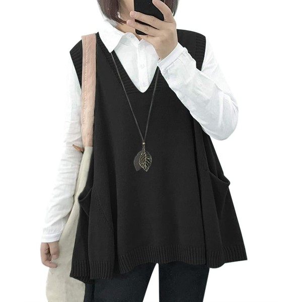 YESNO Women Loose Swing Chunky Cotton Sweater Vests Oversized Knit Pullovers Tops with Cute Drop Pockets 2XL WM9 Black