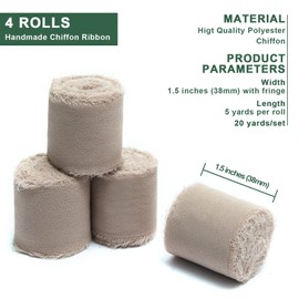 4 rollos de cinta de seda de gasa hecha a mano de 1.5 pulgadas de ancho x 5.3 pulgadas de ancho por rollo, juego de cintas de bordes deshilachados para envolver regalos, invitaciones de boda, ramos,