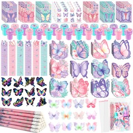 BenLouis 216Pcs Butterfly Party Favors Butterfly Fairy School Stationery Set Bulk for Kids Spring Flower Tea Birthday Birthday Goodie Bag Stuffers Classroom Gifts Rewards Pinata Filler