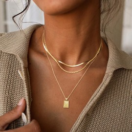 MFRYK Gold Necklaces Stack For Women,14K Gold Plated Simple Layered Choker Necklaces For Women,Stackable Multilayer Gold Square Pendant Rope Herringbone Cable Chain Layering Necklaces Set For Women Jewelry Gift for Women