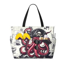 THE PIRATE KING Funny Pirate Octopus Beach Tote Pool Bag for Women Waterproof and Sand-proof Large Capacity Retro Bags with Zippers for Travel Vacation Gym