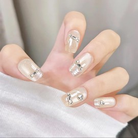Nude Press on Nails Short Square Glitter Fake Nails with Glue Gemstone Rhinestones Acrylic Nails Full Cover Glossy False Nails for Women DIY Manicure Decoration 30PCS Reusable Artificial Nails