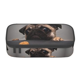 Aoojanu The Lovely Pug Looked At A Biscuit Large Pencil Case, Pencil Pouch With Zipper Compartments Stationery Pencil Bag For Kids Teens Students School Supplies