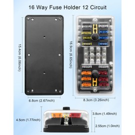 QAGGUM 16 Way Fuse Box 12 Circuit Blade Fuse Block, Power Distribution Panel with Dustproof Cover & Label Stickers, Fit for Car Truck SUV RV Yacht Marine Boat