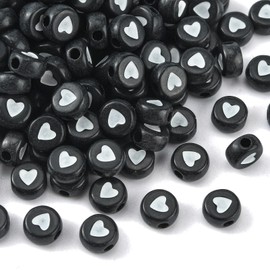 DanLingJewelry 200pcs Black Acrylic White Heart Beads Flat Round Beads with Heart Mini Disc Coin Pony Beads for DIY Jewelry Making