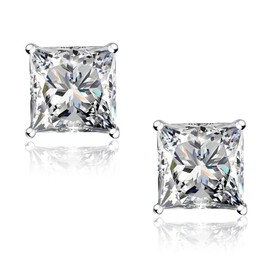 "STUNNING FLAME" 18K White Gold Plated 925 Sterling Silver Cubic Zirconia Simulated Diamond Stud Earrings for Women(princess,7)