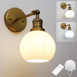 Pathson Rechargeable Wall Sconce Lighting with Remote Control, Battery Operated Milk White Glass Wall Vanity Light, Cordless Dimmable Wall Indoor Led Wall Lamp Fixture for Bedroom Living Room