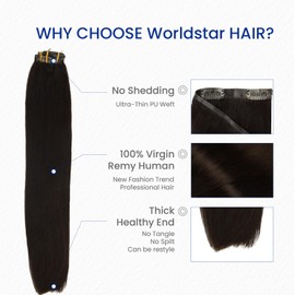 Worldstar Seamless Clip in Hair Extensions Remy Human Hair Extensions 6Pcs 18Inch 130g #2 Dark Brown,Natural Vertical Hair Clips Suitable for Women Remy Hair PU Skin Weft(EN#2-18)
