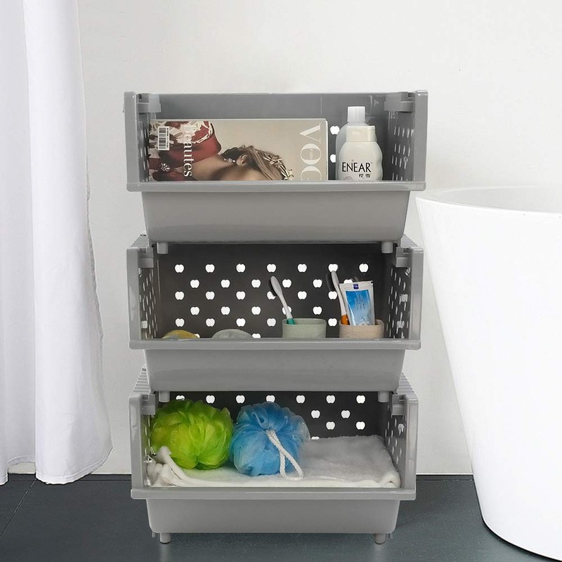 Xowine 4-Pack Gray Plastic Stackable Kitchen Storage Basket, Stacking Organizer