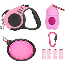 GLOGLOW Correa retráctil para Perros, Liviana 5M Juego de Correas retráctiles para Perros con Recipiente Plegable Dispensador Bolsas de Basura Hebilla para Perros Correr Caminar Entrenamiento(Rosa)