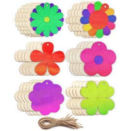 Cinvo 30 Pieces Flowers Wood Cutouts Floral Wooden Slices 3 inch Unfinished Blank Wood Ornaments Flower Embellishments for Painting DIY Projects Decoration(6 Flower Styles with 30 Hanging Strings)