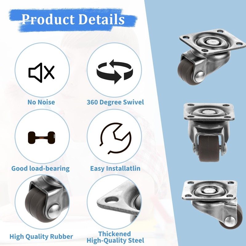 8Pcs 1/2inch Small Caster Wheels, 360 Degree Swivel Casters Set,
