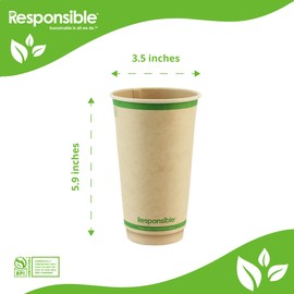 Responsible Products 20 oz Double Wall Insulated Paper Coffee Cups (25 Count) – Smooth Wall Insulated To Go Coffee Cups - Natural Brown, Compostable, Eco-Friendly, Disposable Hot Beverage Cups