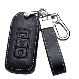 ontto Leather Car Key Fob Cover Keyring fit for Mitsubishi ASX Outlander L200 Eclipse Lancer 10 Pajero Sport Accessories Key Case Keychain Remote Key Holder Protector 3 Buttons Black B