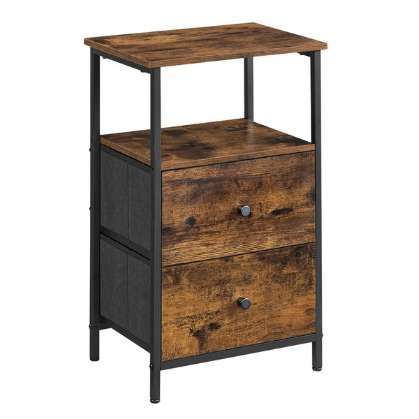 VASAGLE Nightstand, 24-Inch Tall Side Table with 2 Fabric Drawers and Storage Shelf, for Bedroom, Rustic Brown and Black ULGS025B01