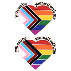 Pack of 2 Rainbow Badges Gay Pride Pins with Inspirational Quotes You Can Be Yourself With Me Badges Rainbow Heart Pin Badge, Metal
