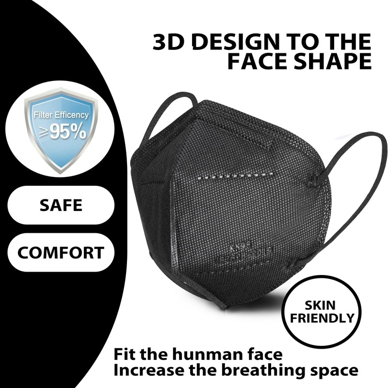 XSNDSENN 100 pcs KN95 Face Masks Black 5 Layer Cup