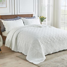 SUCHBED California King Bedspread Set Oversized King Bedspreads 128x120 inches Cal King Quilt Set Lightweight Coverlet with Shams Grid & Damask Quilted Bedspread California King Size for All Season